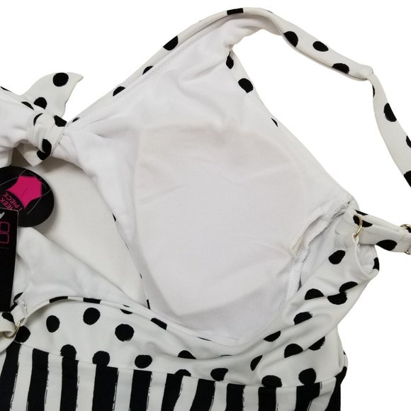 Pin-Up Polka Dot Striped Tie Front Keyhole Cheeky 1-Pc Swimsuit XL White Black - Picture 8 of 16